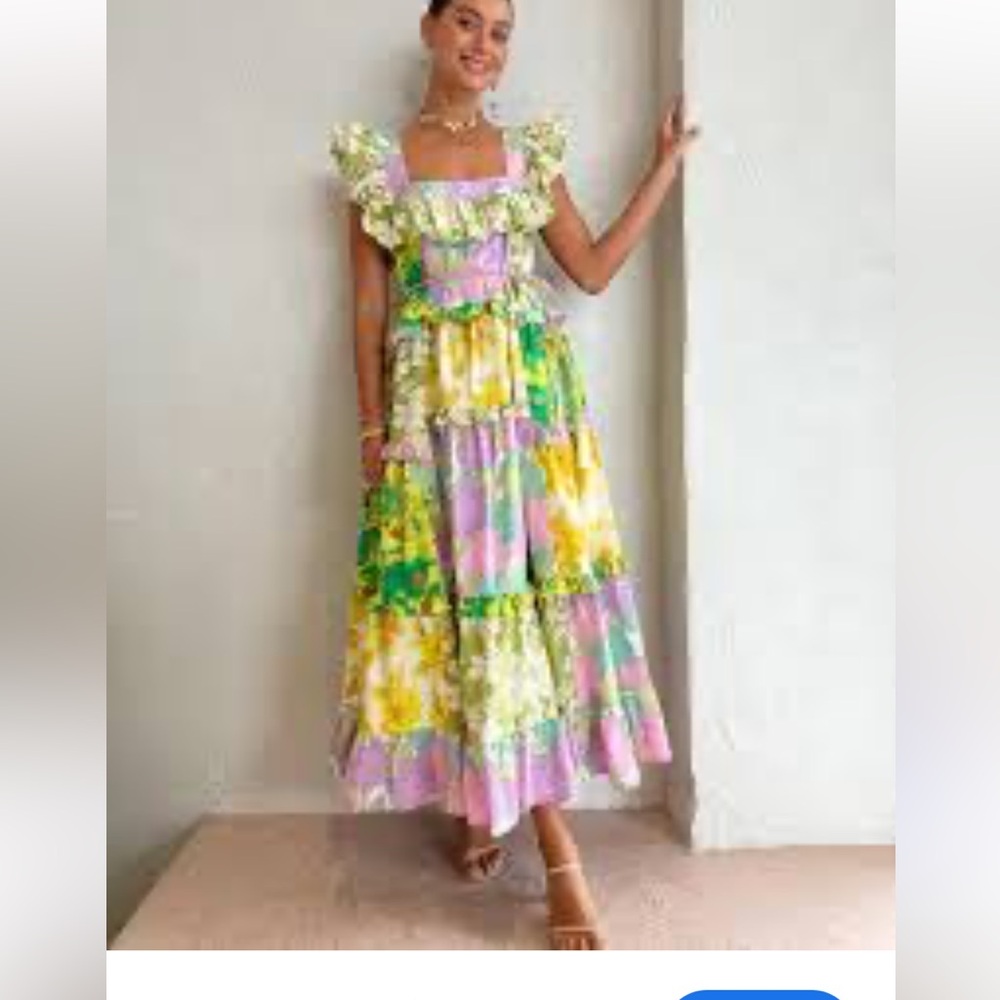 New Dalia Macphee Floral Patchwork Maxi Dress size S color Lime Multi - Picture 15 of 16